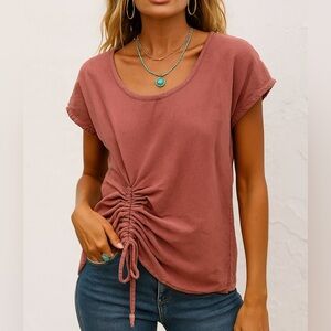 Oh My Gauze Ana Blouse Size 1 Pink Cotton Gauze Ruched Hem Top